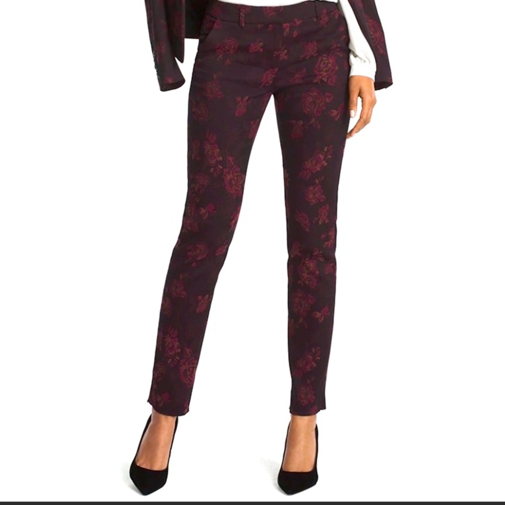 WHBM Rose Print Grenadine/Black Slim Ankle Pant